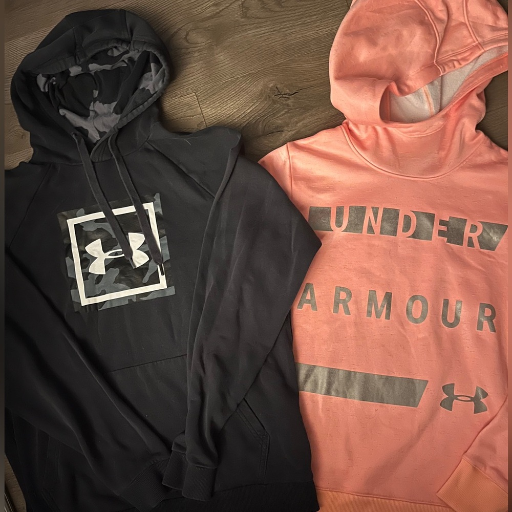 Under Armour sweatshirts ladies M peach one and unisex black one with camo.
